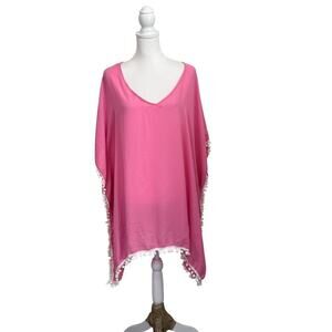 adreamly poncho nwt pink with white pompoms womens large
